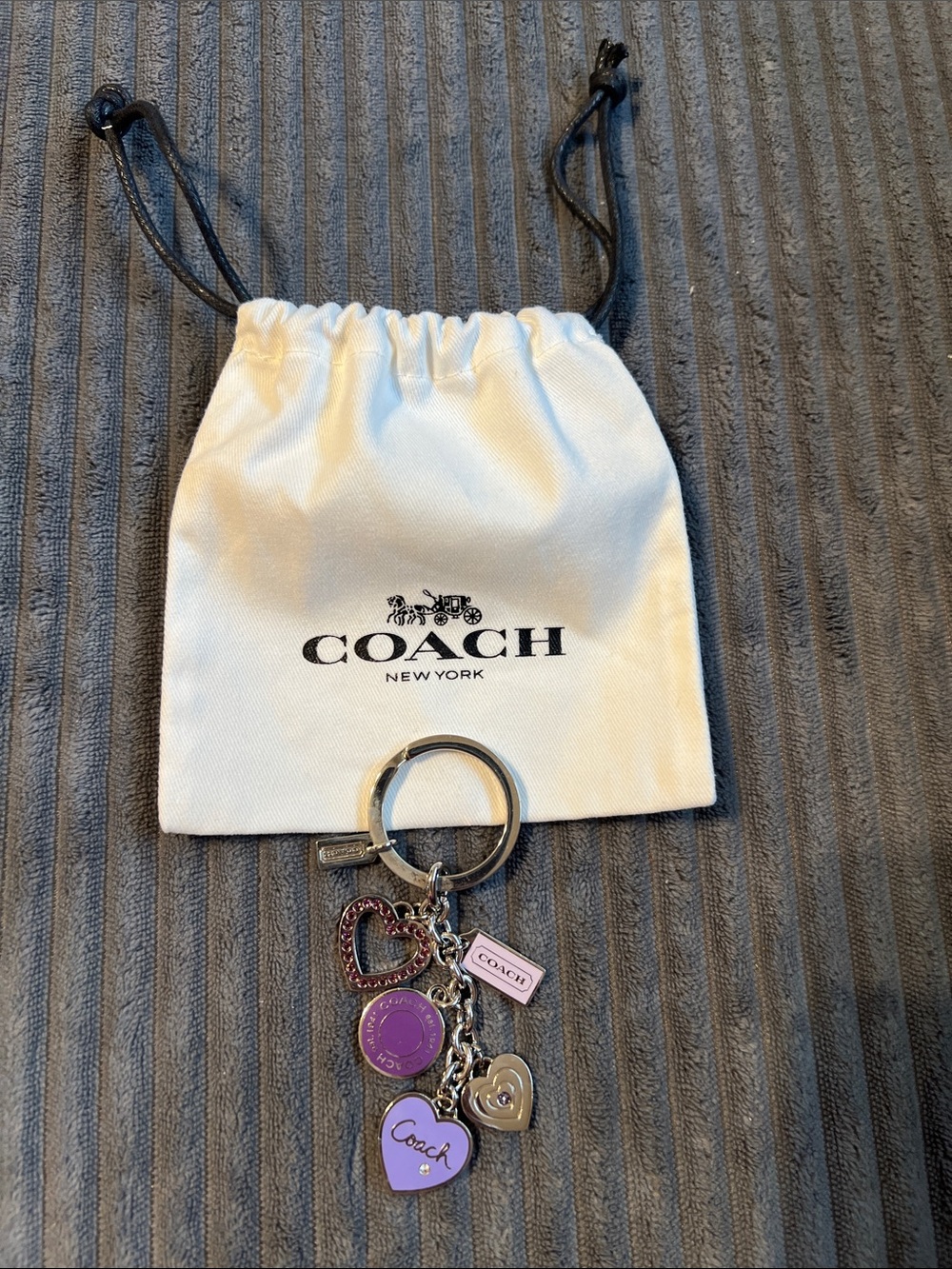 COACH RARE VINTAGE Heart Charm Keychain Purple Silver Bag Charm Key Ring Logo